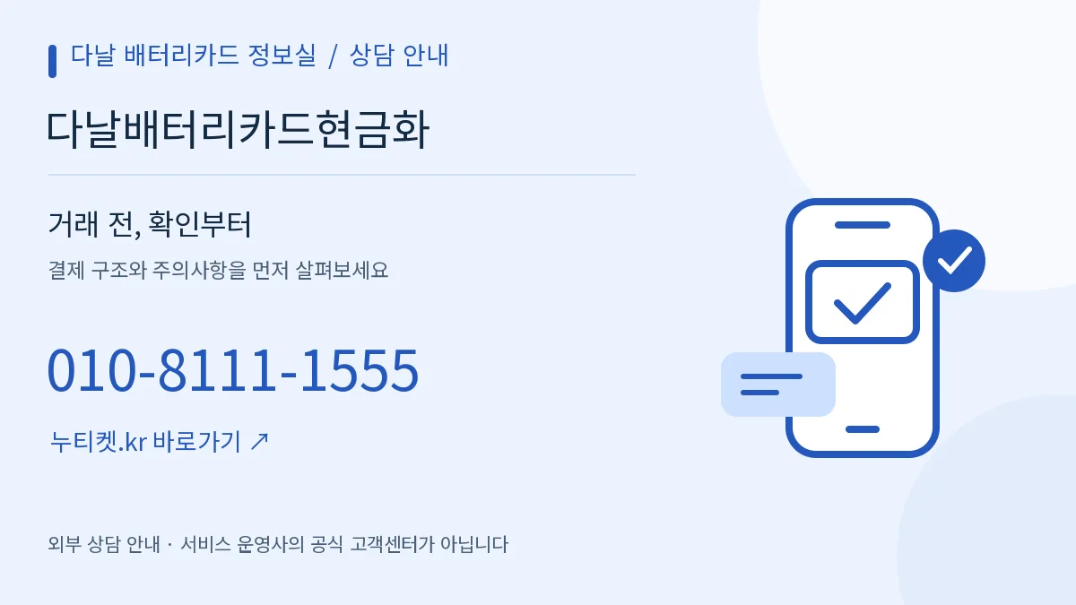 휴대폰과 확인 표시로 표현한 상담 안내 — 다날 배터리카드 정보실, 다날배터리카드현금화, 010-8111-1555